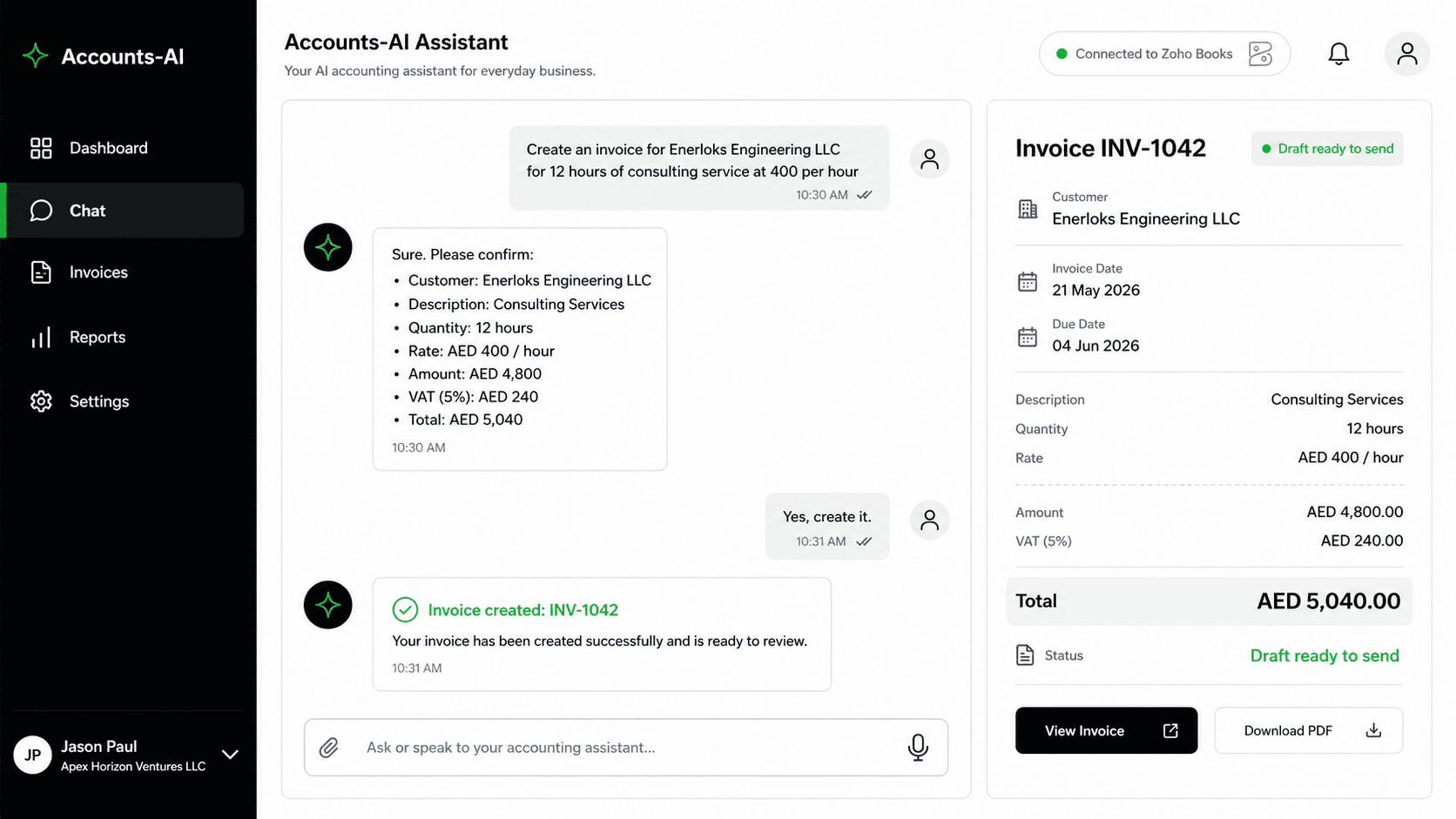 Accounts-AI assistant product mockup showing invoice creation by chat